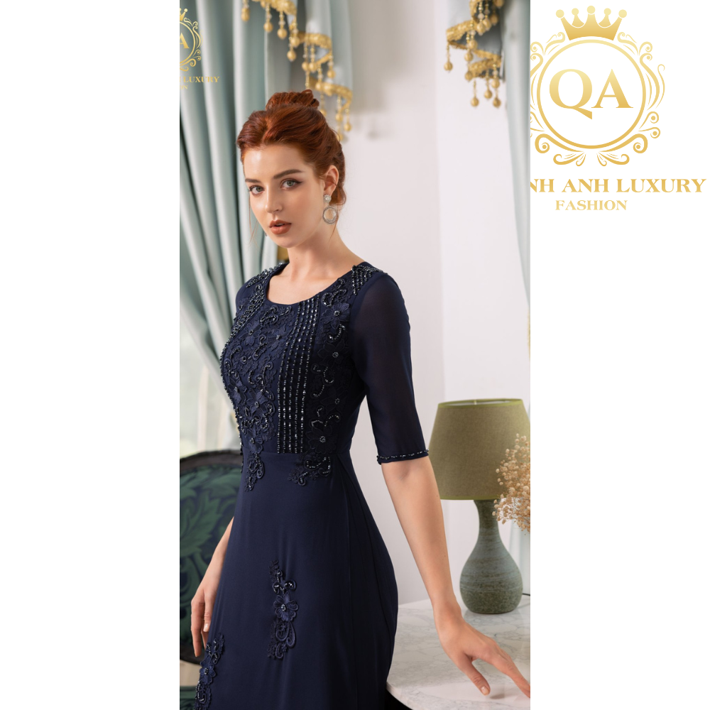 Ạ HỘI ÁO DÀI TRUNG NIÊN CAO CẤP XANH ĐEN LUXURY SAPPHIRE DRESS