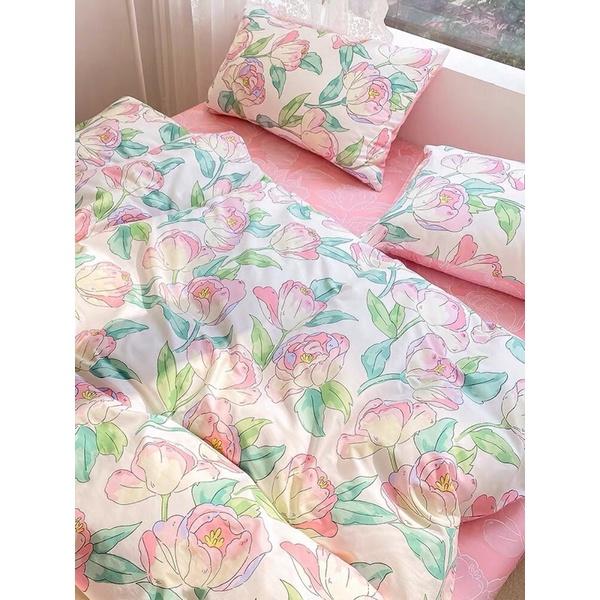 Bộ Chăn Ga Gối Cotton Living 100%cotton Hàng Nhập Khẩu Cao Cấp 4 Món Hoa tuylip