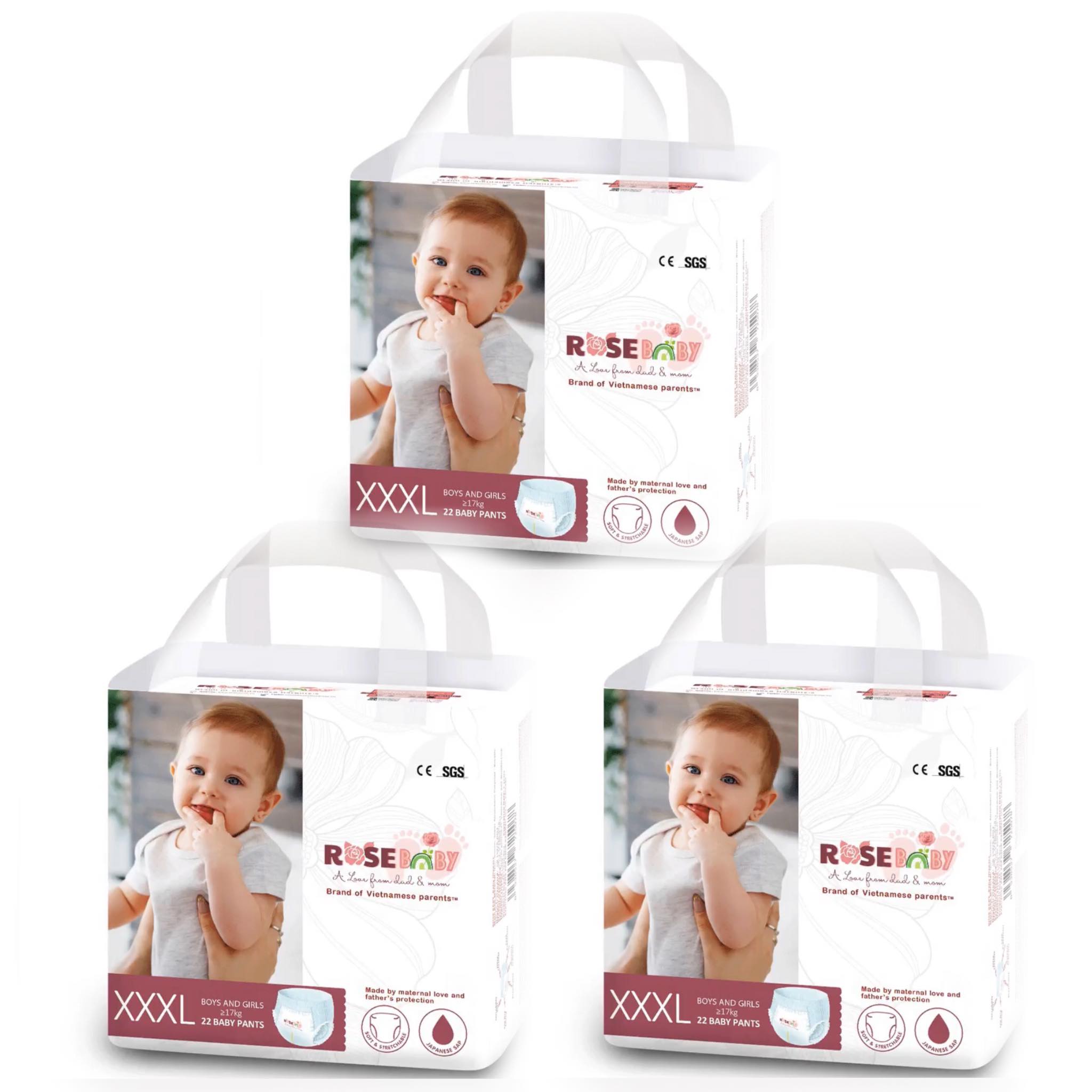 COMBO 3 BỊCH TÃ QUẦN ROSE BABY XXXL22 MIẾNG TRÊN 17KG