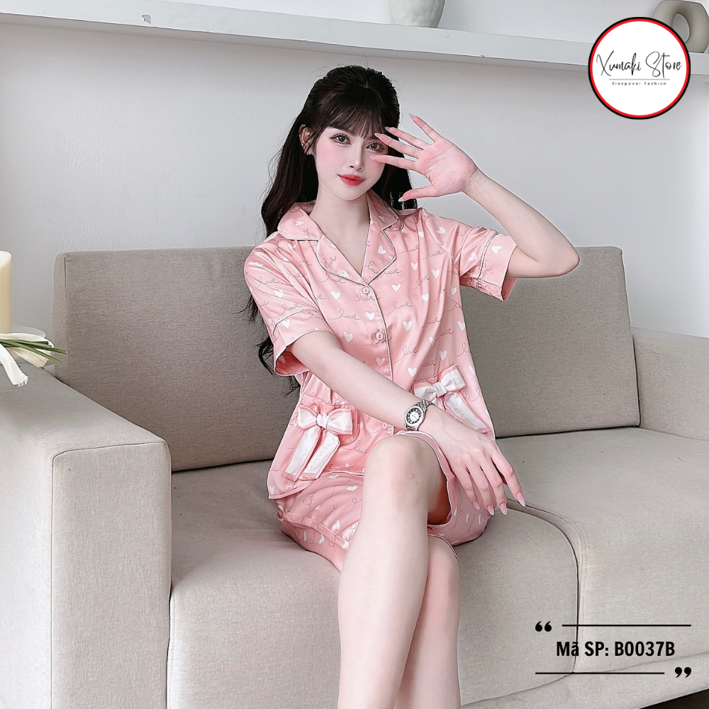 Bộ pijama nữ áo cộc quần ngố họa tiết túi nơ nhiều màu chất lụa cao cấp Xumaki Store BO037B