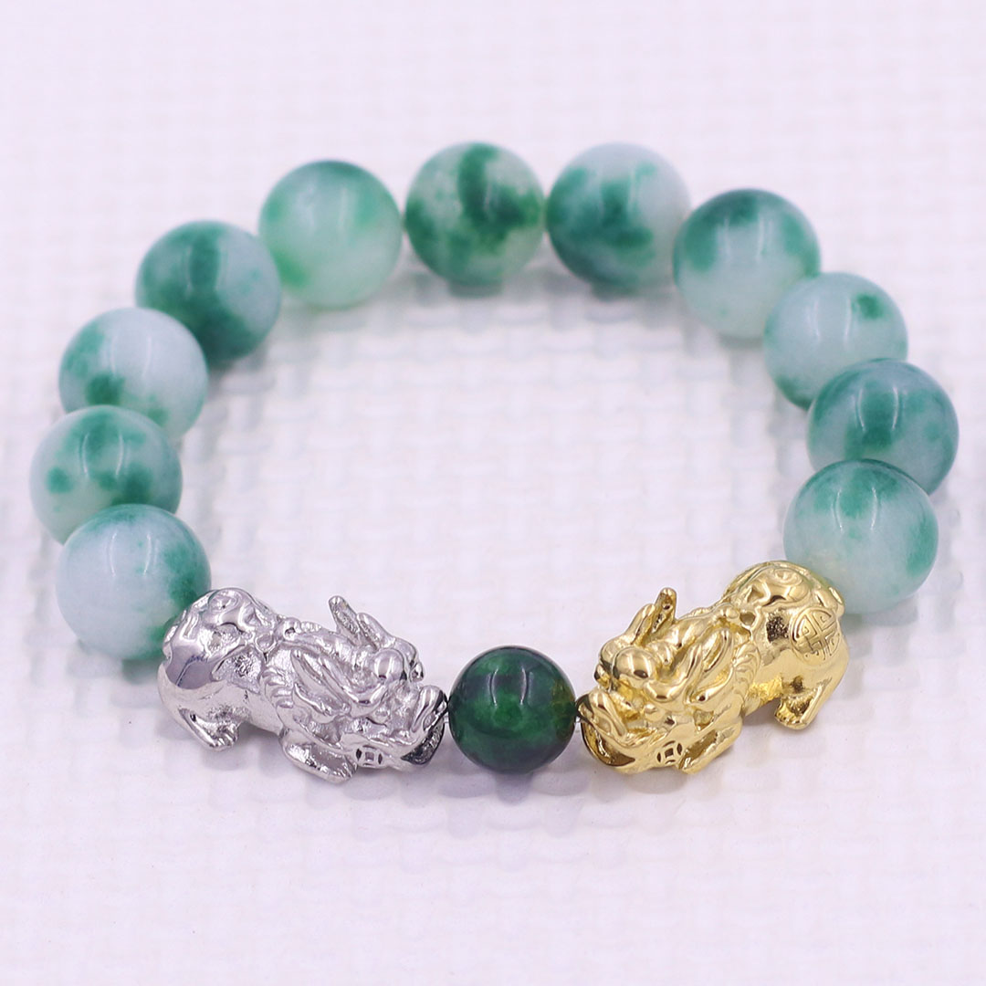 Vòng chuỗi đeo tay đá cẩm thạch xanh trắng 12 ly charm tỳ hưu đôi inox trắng và vàng, vòng chuỗi phong thủy, charm tỳ hưu, vòng tay hạt chuỗi