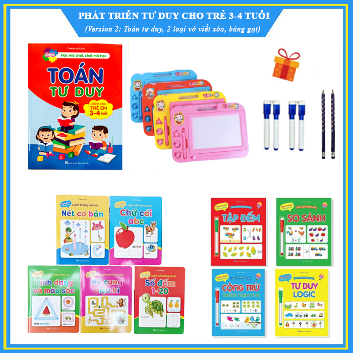 Combo phát triển tư duy cho trẻ 3 - 4 tuổi - Version 2 (Toán tư duy 3-4t, bảng gạt thông minh, 2 loại vở viết xóa, tặng 2 chì, 4 bút viết xóa)