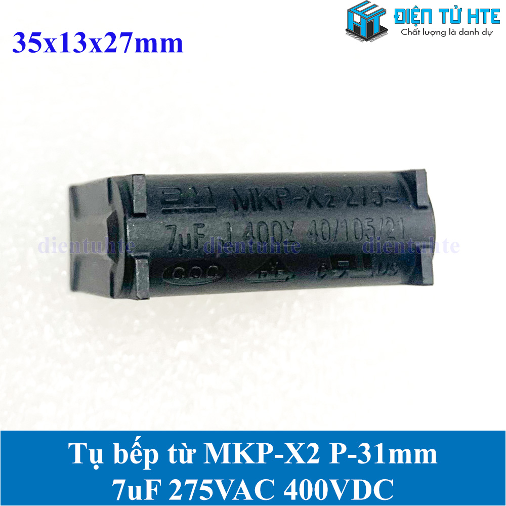 Tụ bếp từ MKP-X2 7uF 275VAC 400VDC pitch 31mm Đen size 35x13x27mm