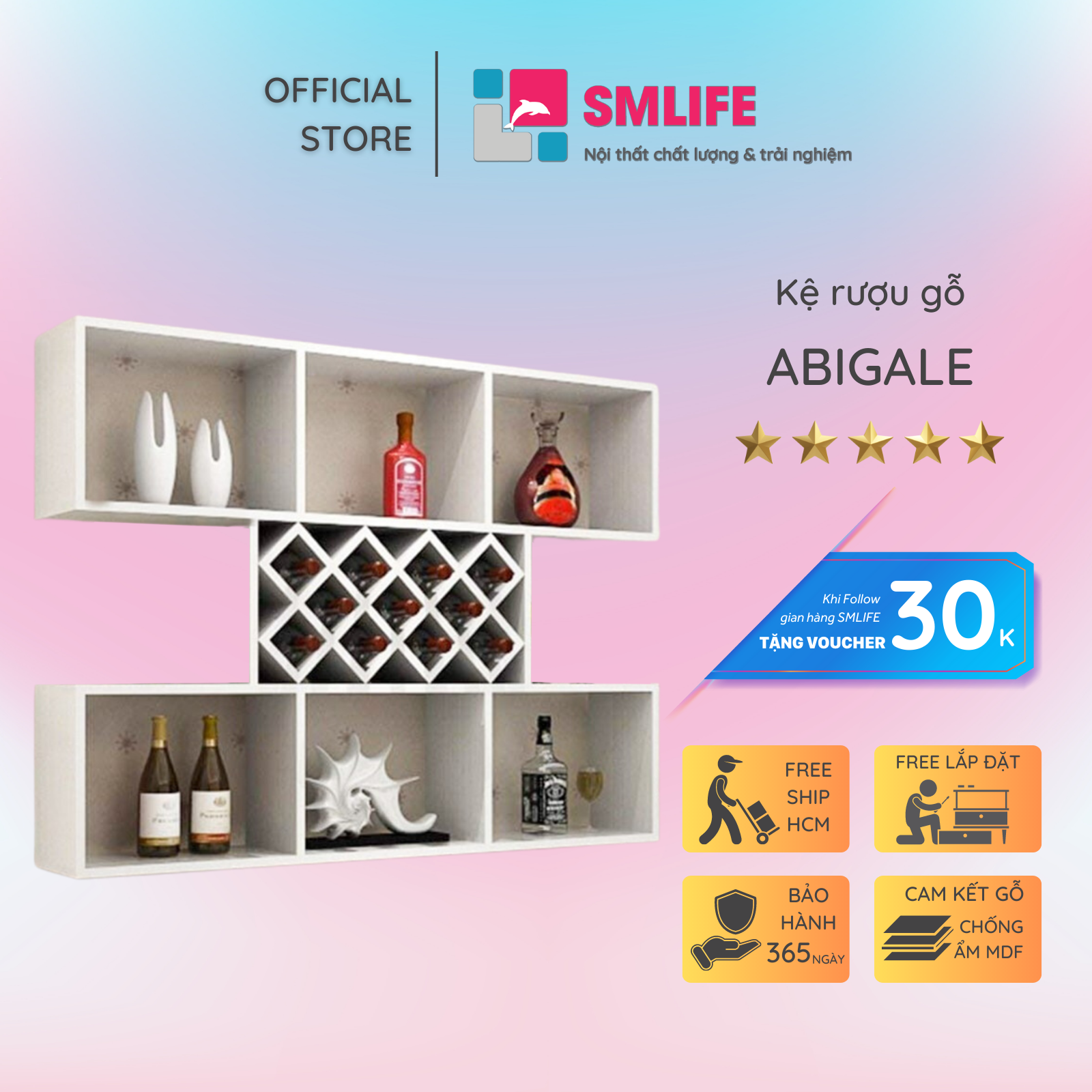 Kệ rượu gỗ hiện đại SMLIFE Abigale | Gỗ MDF dày 17mm chống ẩm | D120xR23xC100cm