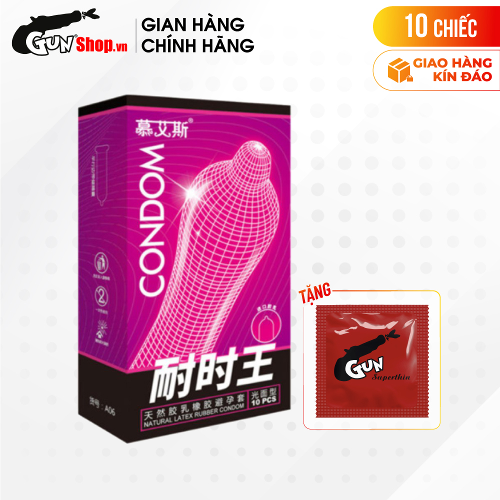 [Hộp 10 cái] Bao cao su Muaisi Hồng - Nhiều gel, siêu mỏng kèm 1 chiếc BCS Gun Super Thin