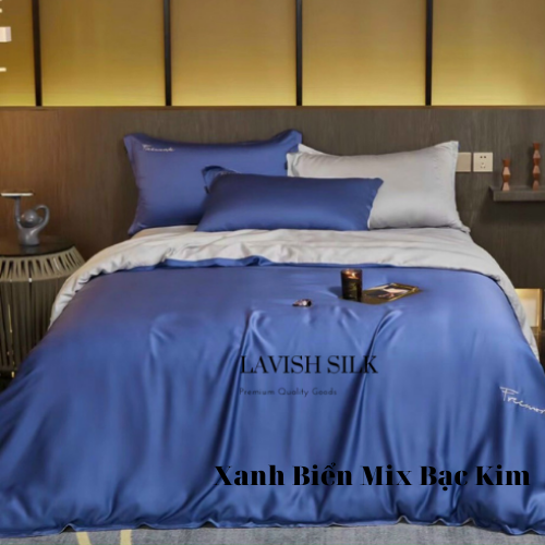 Trọn Bộ Ga Gối Lụa Kèm Chăn Sẵn Ruột + Tặng Bộ Quà Tặng Lavish Silk Cao Cấp - Xanh Biển Mix Bạc Kim