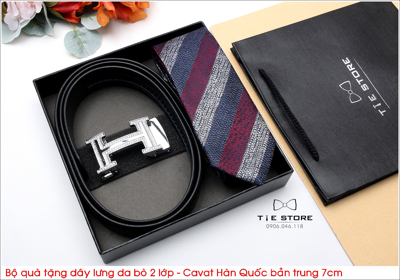 Bộ quà tặng thầy, tặng người thân, tặng sếp, Dây lưng da bò 2 lớp - Cavat hàn quốc bản trung 7cm - Full box
