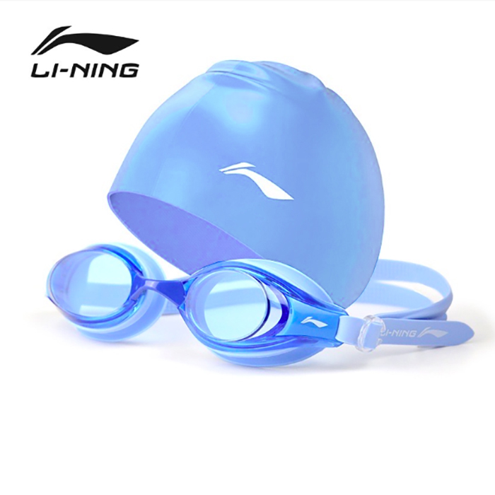 Bộ Kính bơi người lớn LI-NING chống tia UV chống sương mù kèm nút bịt tai (Xanh dương) và Nón bơi LI-NING (Xanh dương) - Hàng chính hãng