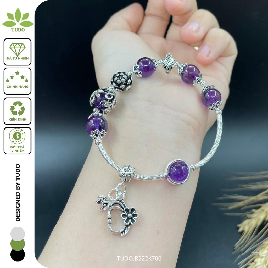 Vòng Tay Bạc Nữ Charm Bạc Cát Tường, Hoa Sen, Ốp Bọc Mix TA Tím TUDO B222K700 cho Mệnh Hỏa Thổ