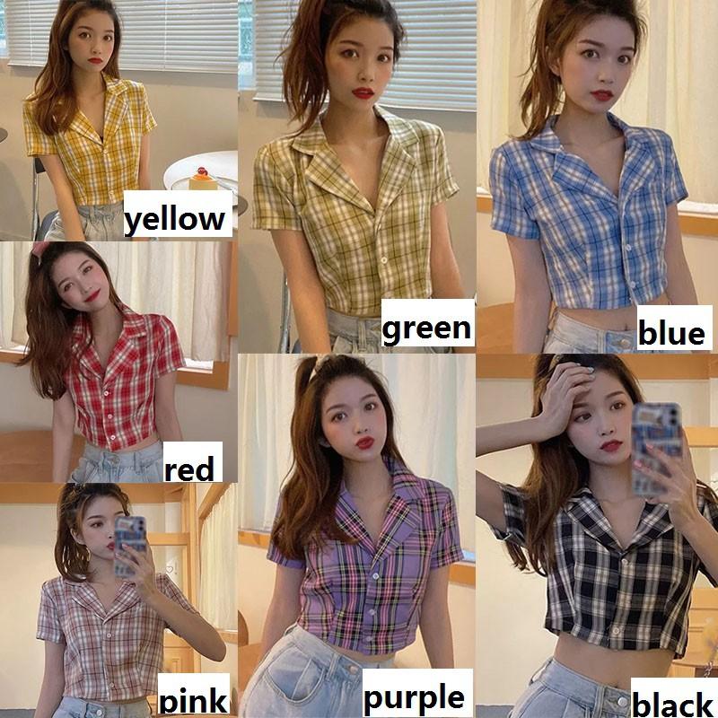 Áo sơ mi nữ họa tiết sọc caro phong cách Hàn Quốc tay ngắn
