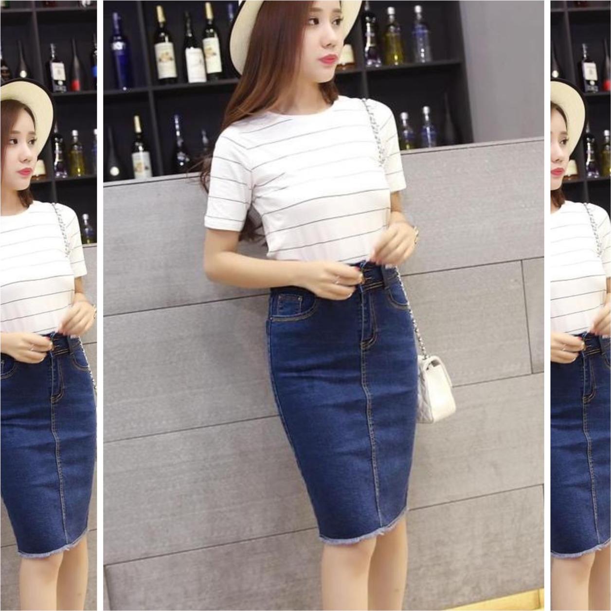 CHÂN VÁY JEAN DÀI BIG SIZE LƯNG CAO CO GIÃN MẠNH DÀI DƯỚI GỐI MÀU XANH ĐEN - NGANG GỐI - 34