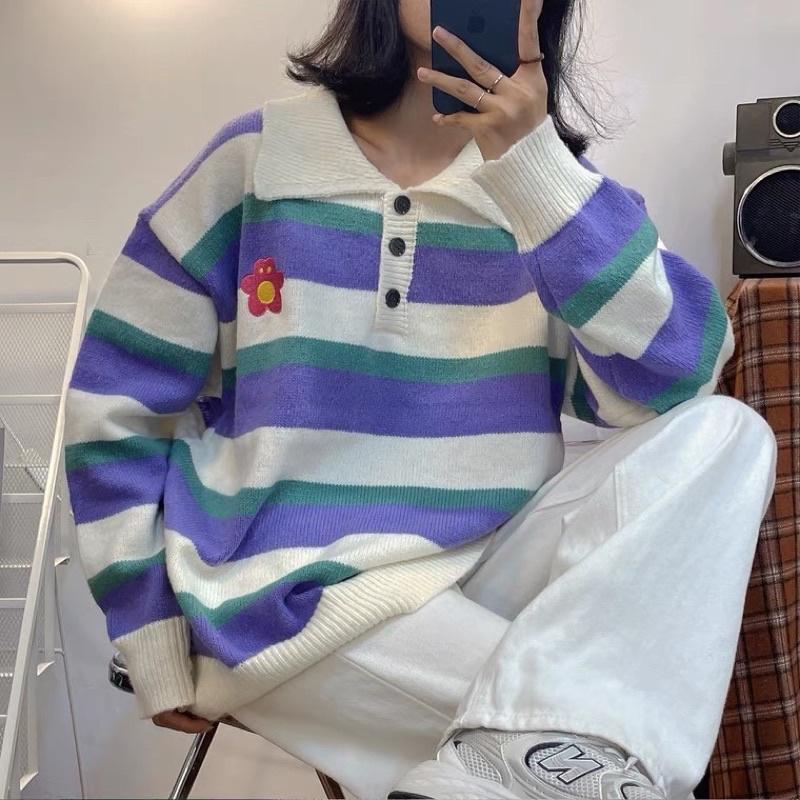 Áo Polo Len Form Rộng Nam Nữ Hoạ Tiết Sọc Thêu Bông Hoa Chất Len Đẹp Đanh Mịn Không Bai Nhão Thời Trang Ulzzang Hàn Quốc