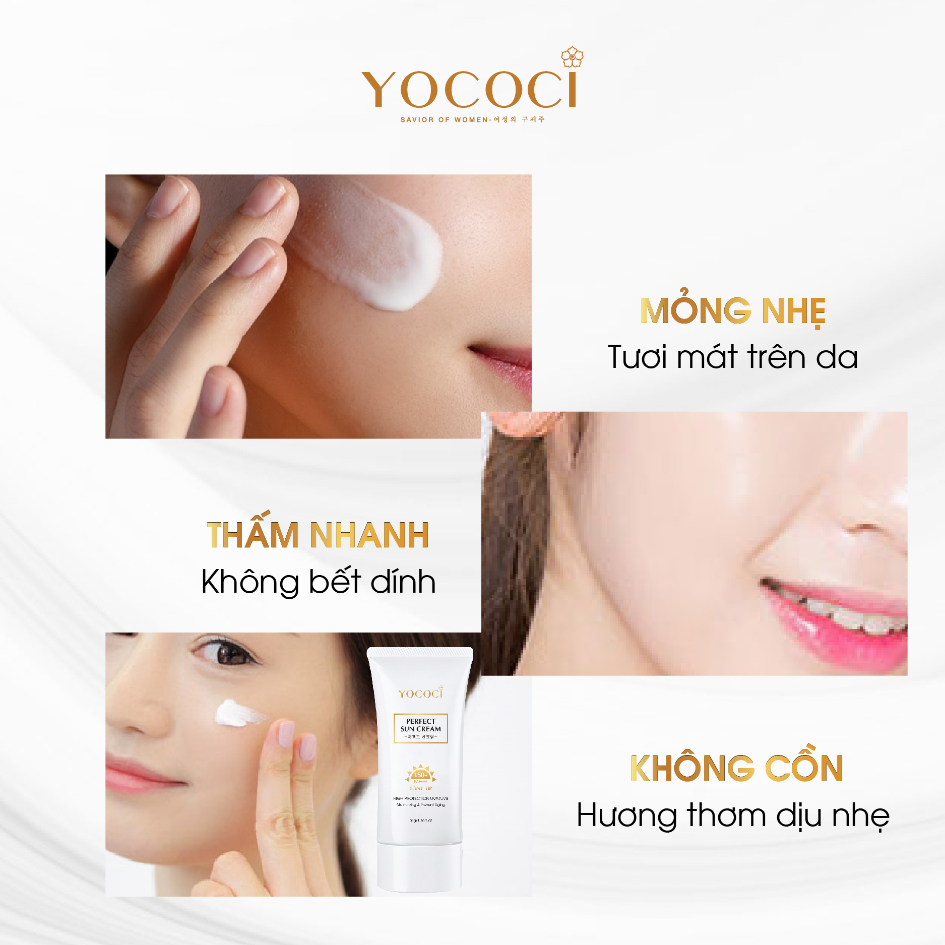 Kem chống nắng Yococi giúp ngăn tia UVA/UVB, nâng tone lâu trôi Perfect Sun Cream SPF50+ PA++++ 50g