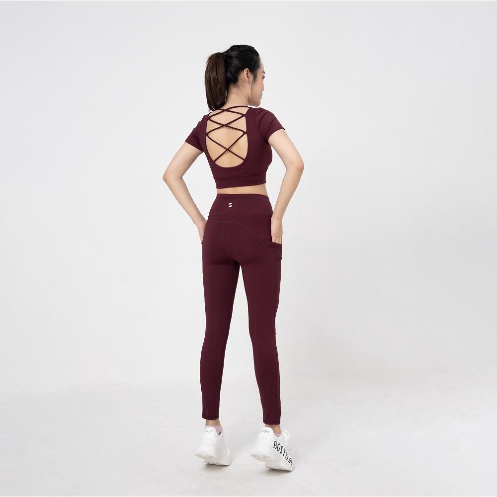 Set đồ tập thể thao gym, yoga nữ áo croptop đan dây phối quần legging nâng mông - S210501