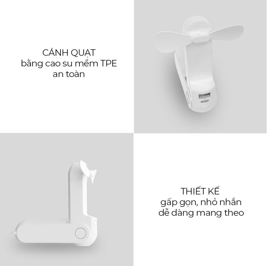 Quạt cầm tay mini gấp gọn tích hợp đèn pin sạc dự phòng 1500 mAh USB Micro đa năng có đế để bàn tiện lợi