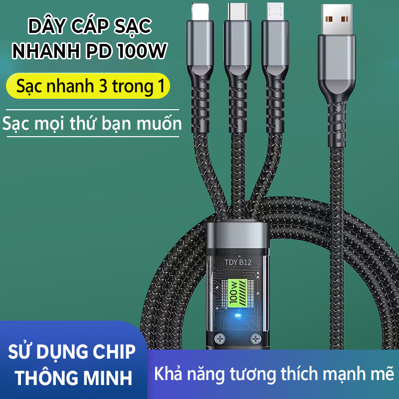 Dây Sạc Nhanh PD 100W ,Dây Cáp sạc 1 chia 3, đầu sạc cho nhiều thiết bị, tiện dụng- D1568