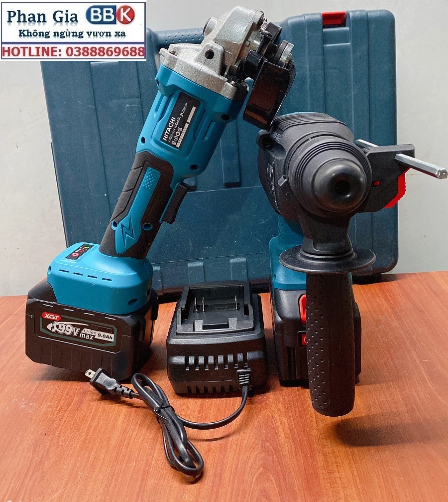 Bộ Combo 2 Máy Gồm Máy Khoan Đục Bê Tông Và Máy Cắt, Máy Mài Cầm Tay Dùng Pin 15 Cell 199V Lõi Đồng - Động Cơ Không Than