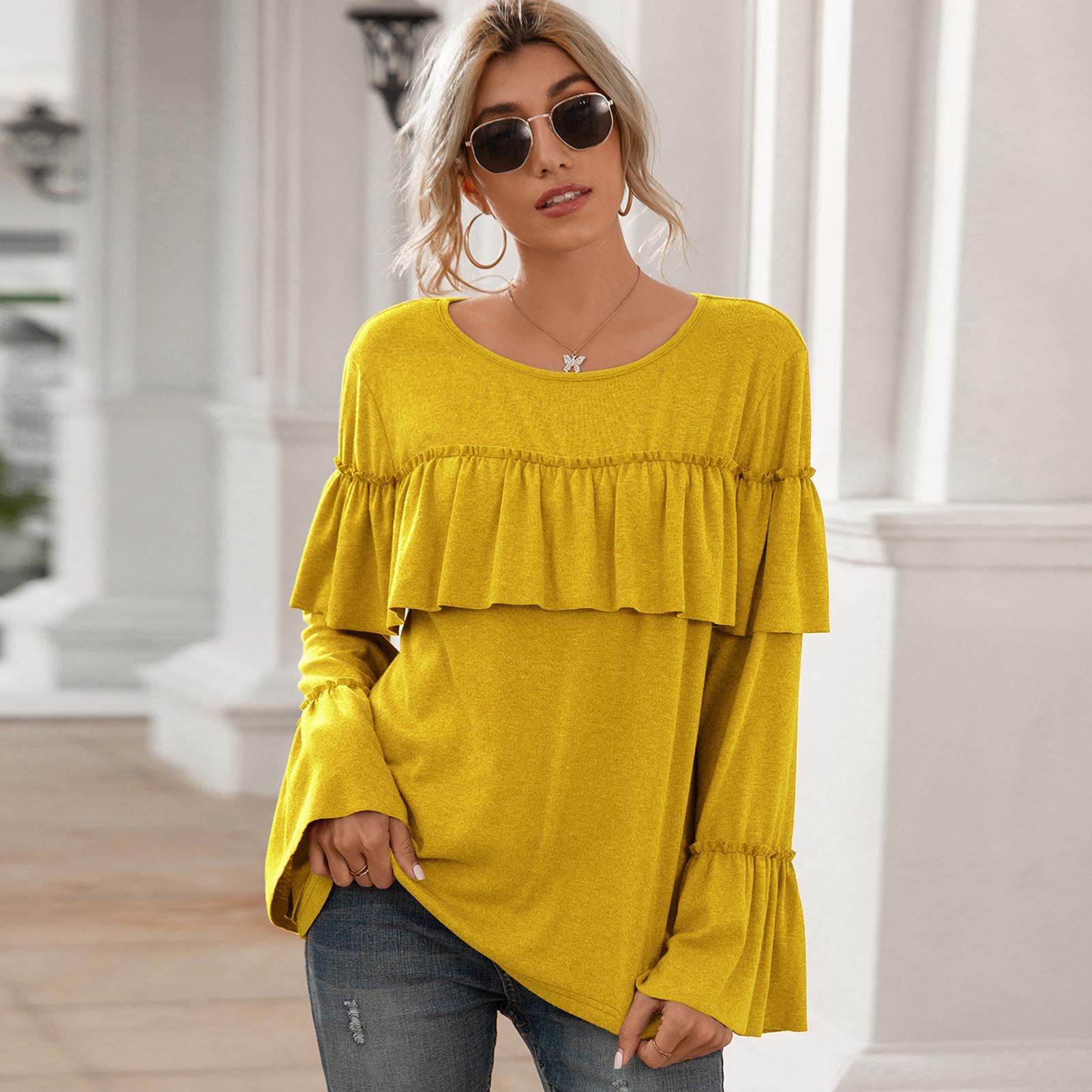 Women Long Flare Sleeve Shirt Ruffles O-Neck Pullover Casual Loose Fit Solid Tops