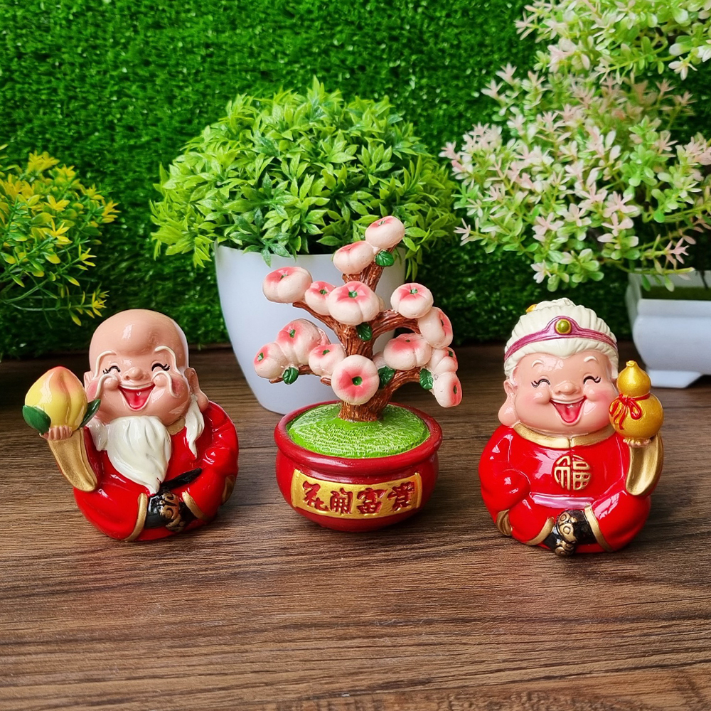 Bộ 02 tượng Ông Bà Thọ / Bách Niên Giai Lão 7cm kèm chậu đào trường thọ 10cm