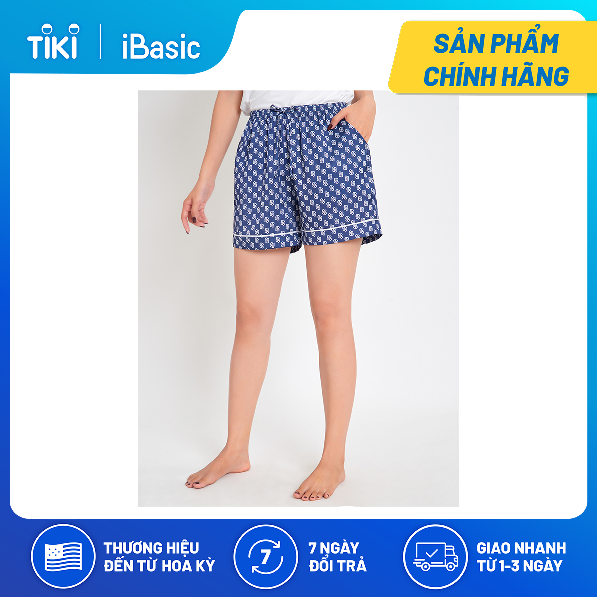 Quần đùi pyjama nữ ngắn lụa Satin hoạ tiết icon iBasic HOMW028B