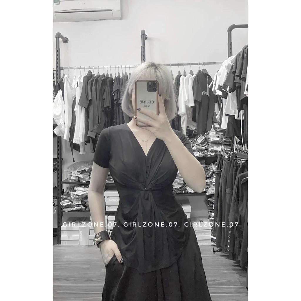 Áo thun dẻo rúm vạt giữa cổ tim ngắn tay, Áo kiểu thun lạnh co giãn AT1435 - NhiNhi Shop