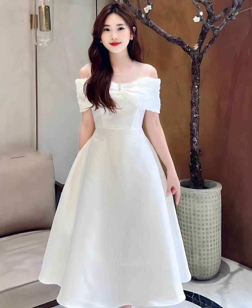 Đầm xòe nơ trễ vai phối lưới