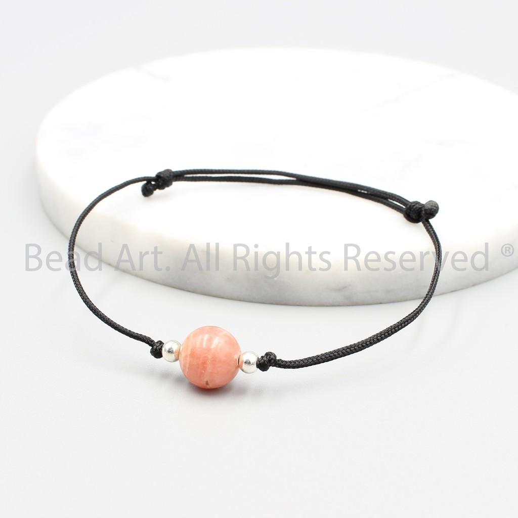 Vòng Tay Thắt Dây Đá Đào Hoa Màu Hồng, Rhodochrosite Tự Nhiên 8MM Loại A Và Charm Bạc 925, Vòng Tay Phong Thuỷ, Chuỗi Hạt, Mệnh Hoả, Thổ - Bead Art