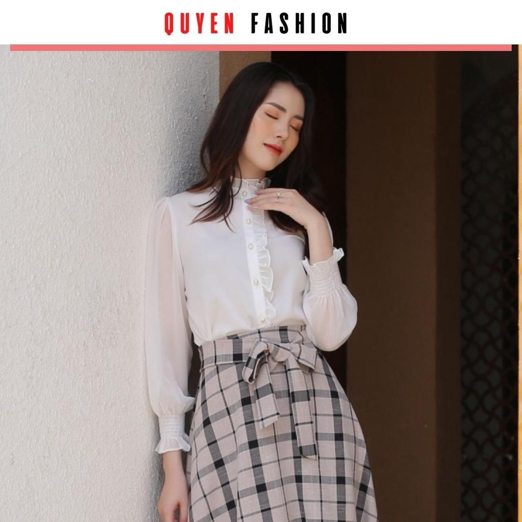 Áo sơ mi trắng tay phồng tiểu thư thời trang công sở nữ tay bo chun, cổ kẹp ren xinh xắn quyên fashion