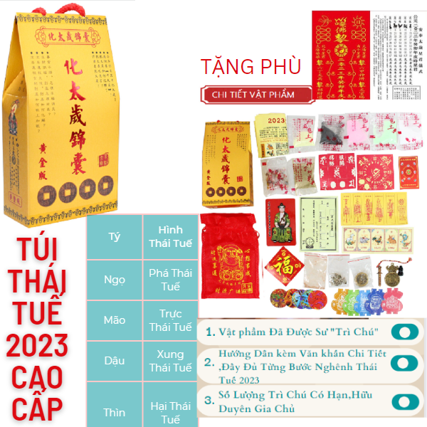 Túi THÁI TUẾ 2023 &quot;Hộp Vàng Đã Trì Tụng&quot; Đầy Đủ(tặng kèm Phù Thái Tuế trước cửa nhà)