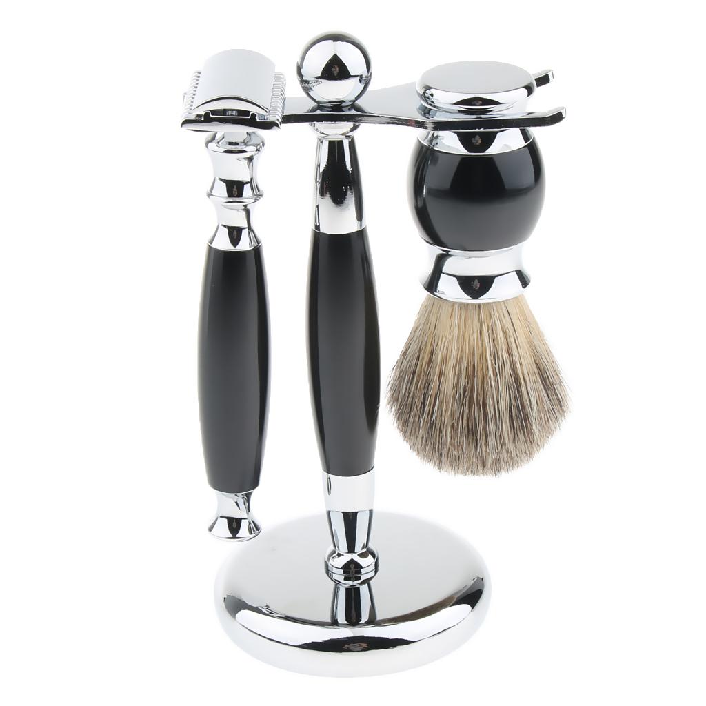 3 In 1 Black Men Beard Shaving Kit Set - Safety  + Brush + Holder Stand, Professional Grooming Tool