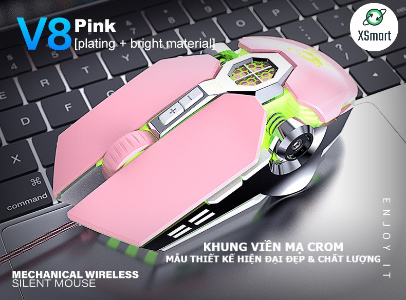 Bộ bàn phím CƠ viền CROM và Chuột XSmart màu Hồng led nhiều chế độ siêu đẹp T900 crom+V8 PINK tương thích máy tính laptop pc - Hàng Chính Hãng