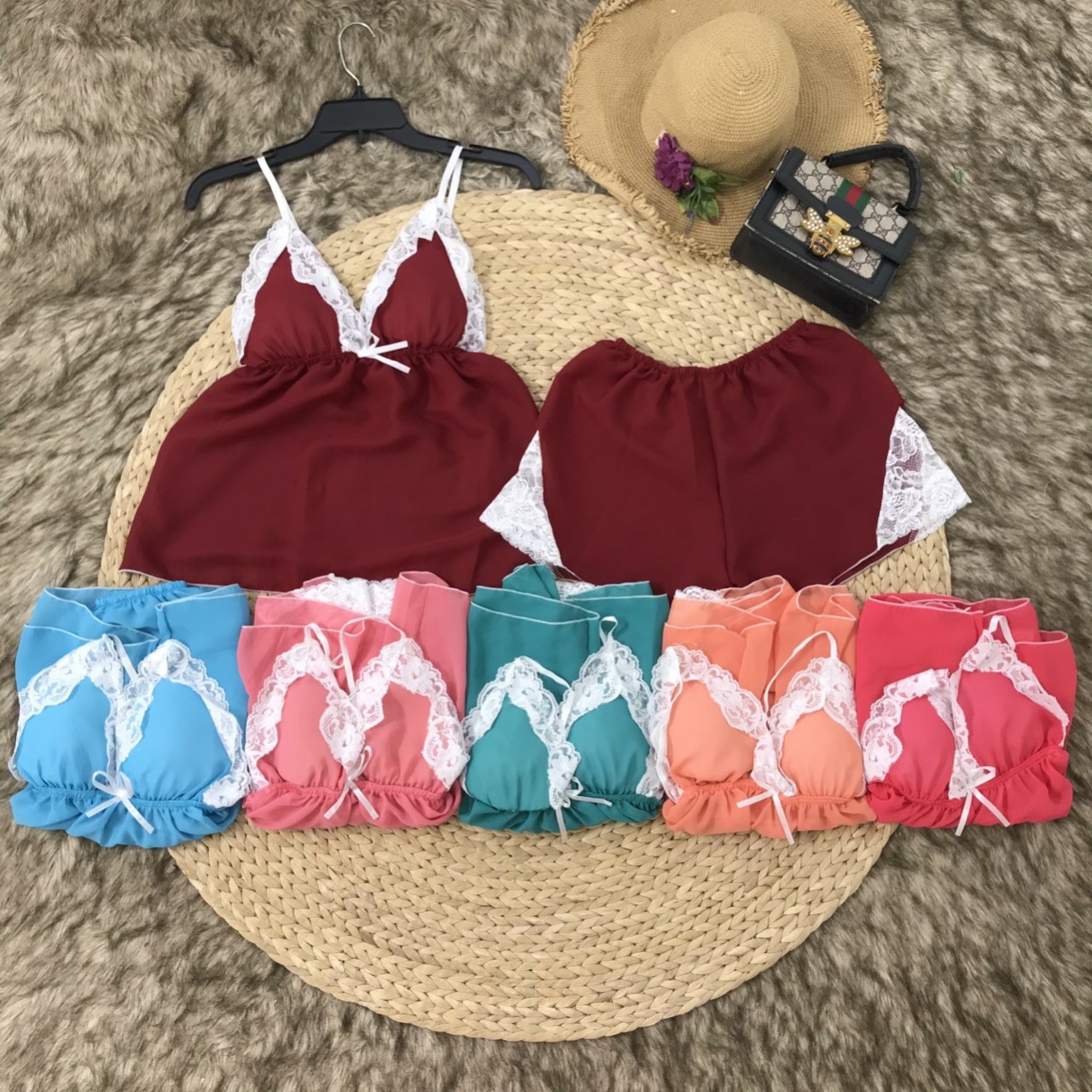 Bộ ngủ voan, bộ mặc nhà nữ sexy voan phối ren trắng cao cấp có mút ngực