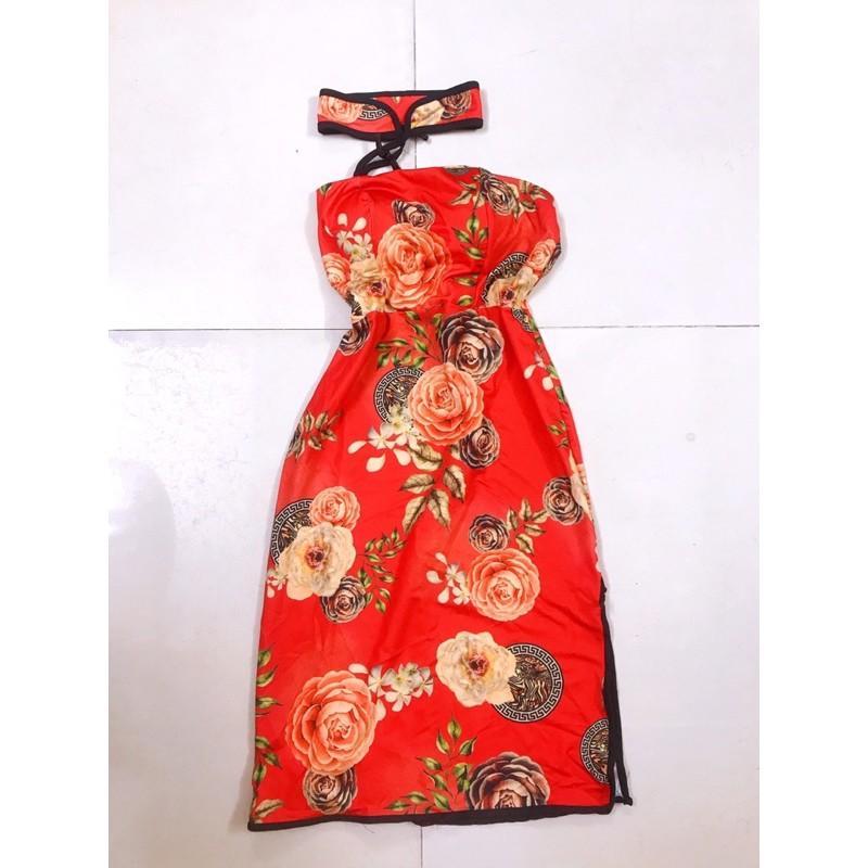 Đầm body cổ tàu sẻ tà viền đính nút có mút ngực cực sexy sang chảnh