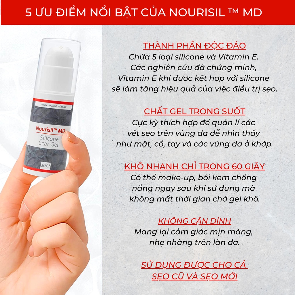 Kem sẹo Nourisil MD cao cấp - Gel sẹo silicone làm mờ và ngăn ngừa sẹo xấu hiệu quả (Chai 30g)