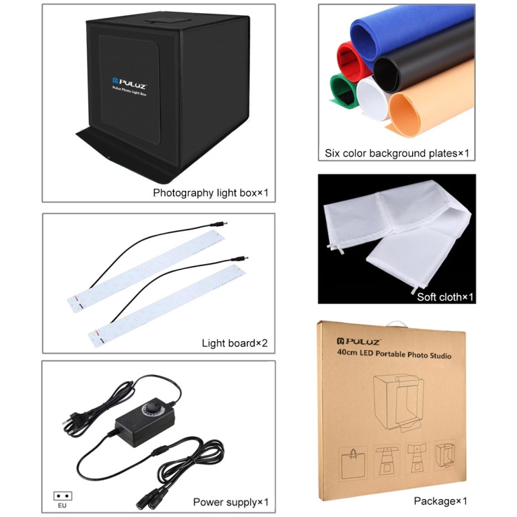 Hộp chụp sản phẩm studio chuyên nghiệp gấp gọn kèm đèn LED 40cm x 40 cm x 40cm Promax Puluz PU5040EU