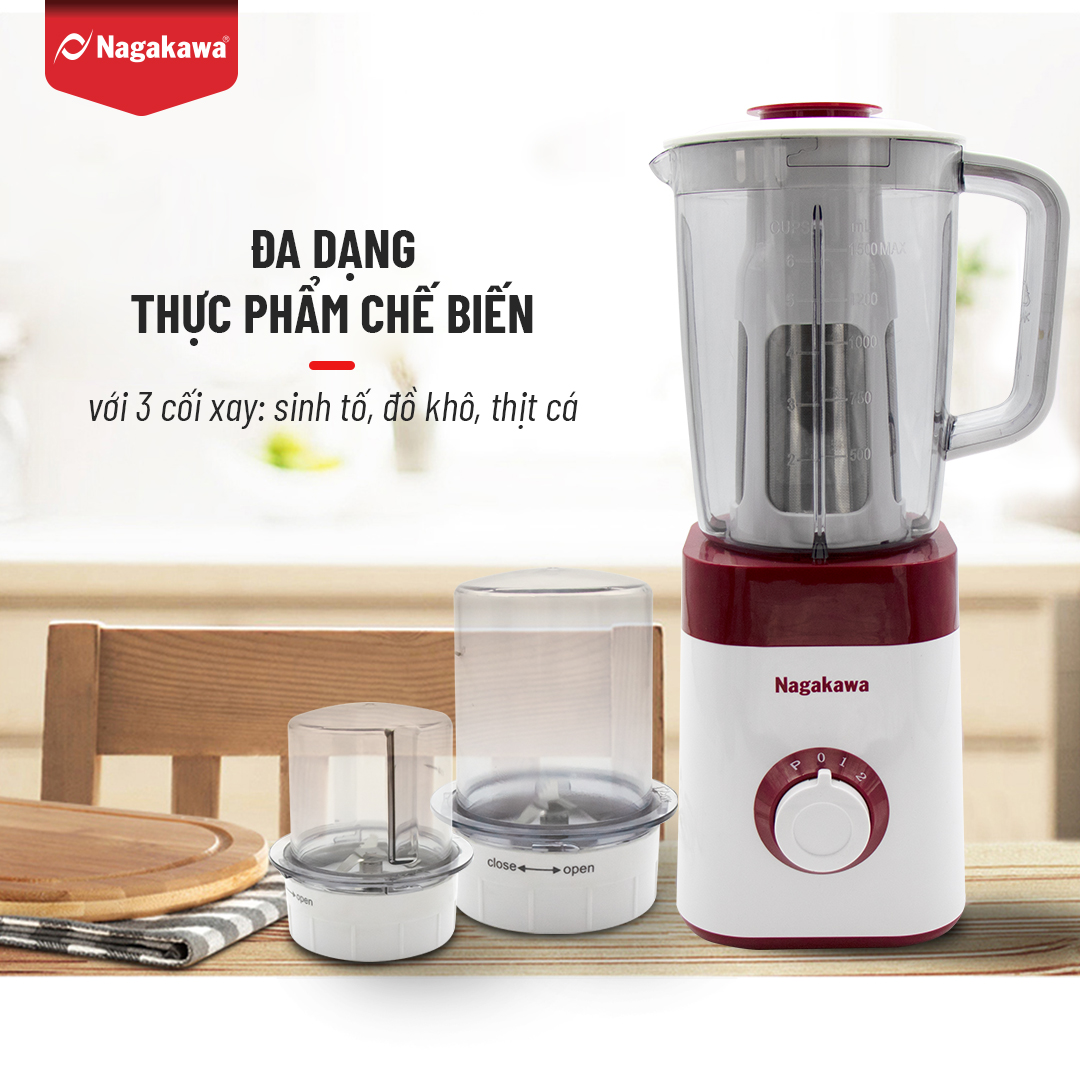MÁY XAY SINH TỐ 3 CỐI NAGAKAWA NAG0816 - LƯỠI DAO, LỌC INOX 304 - HÀNG CHÍNH HÃNG