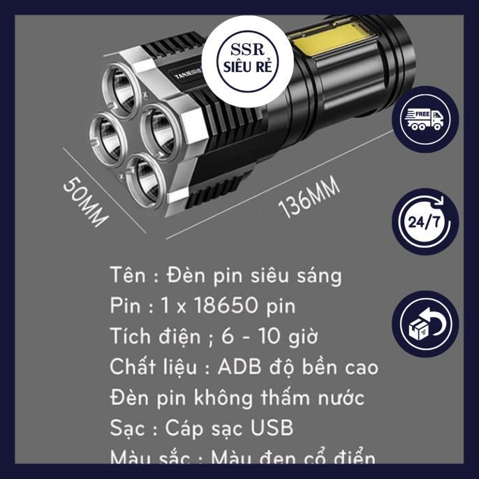 Đèn Pin SSR L19 4 Led Siêu Sáng Chiếu Xa 200M 4 Chế Độ Sáng, Chống Thấm Nước, Có COB Led hông (PD5574)