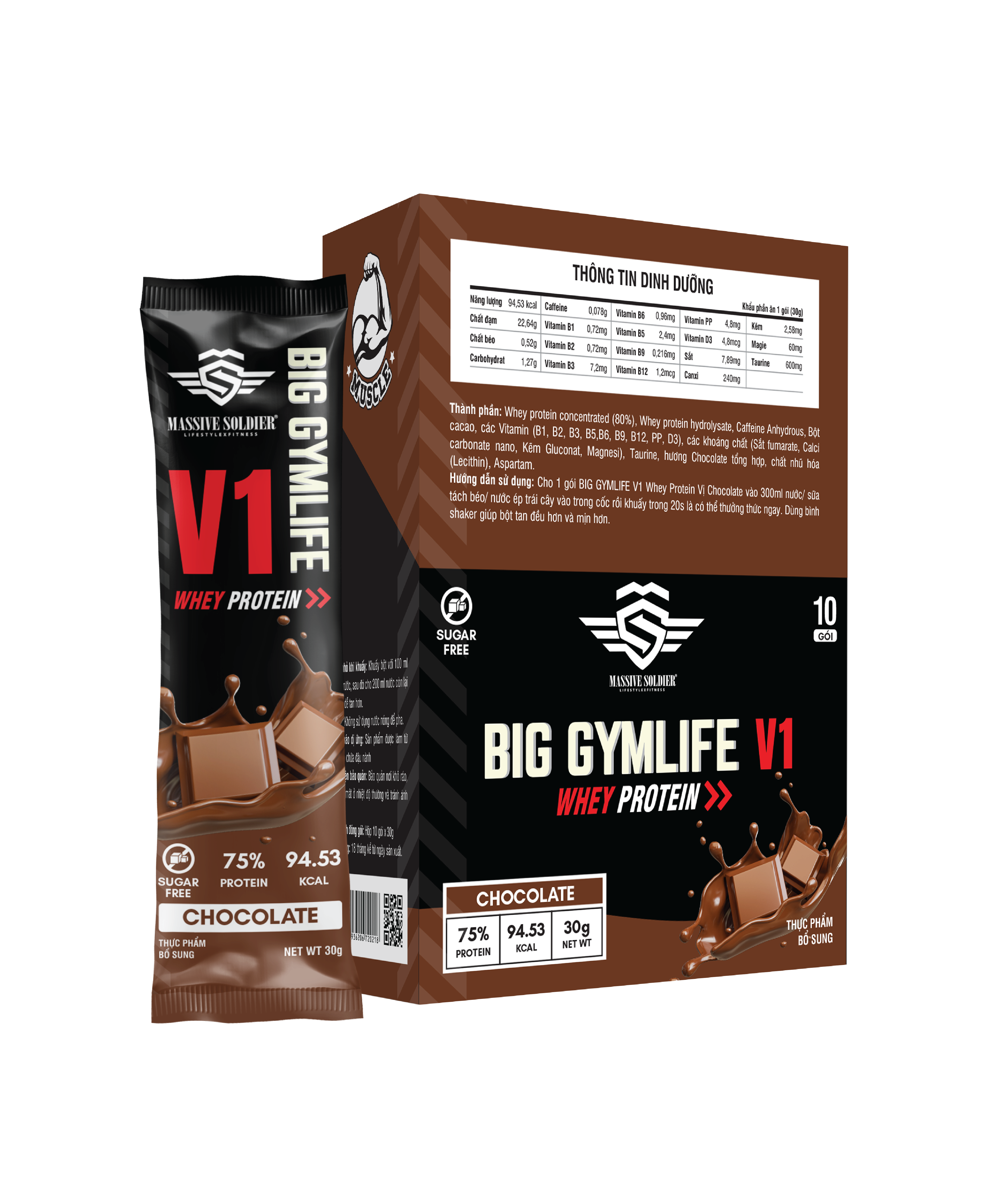 Bột Whey Protein BIG GYMLIFE V1 CHOCOLATE Bảo Long (Hộp 10 gói x 30g) - Hàng Chính Hãng