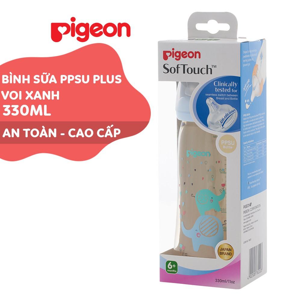 Bình sữa cổ rộng PPSU Plus Voi xanh/ Thỏ hồng Pigeon 330ml