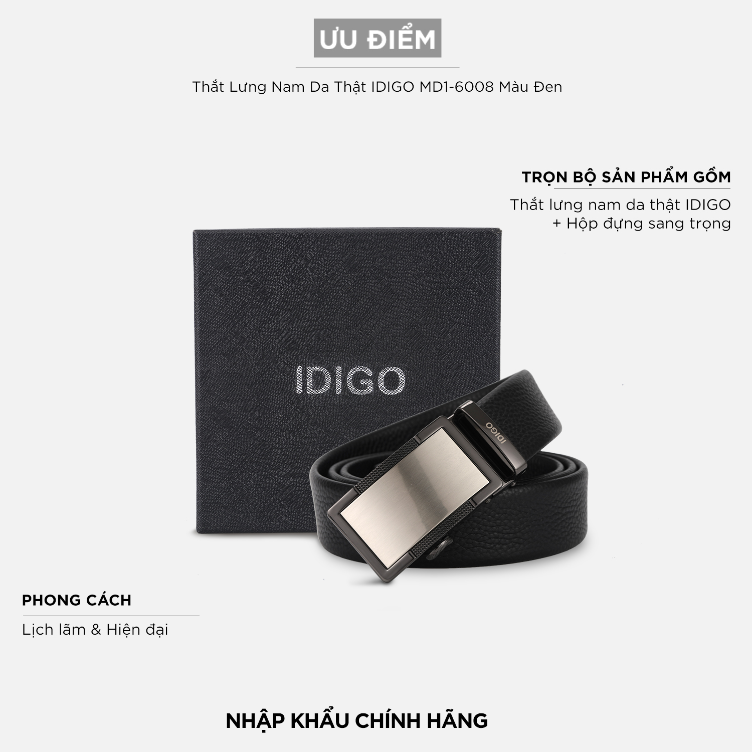 Thắt Lưng Nam Da Bò IDIGO MD1 - 6008 Màu Đen