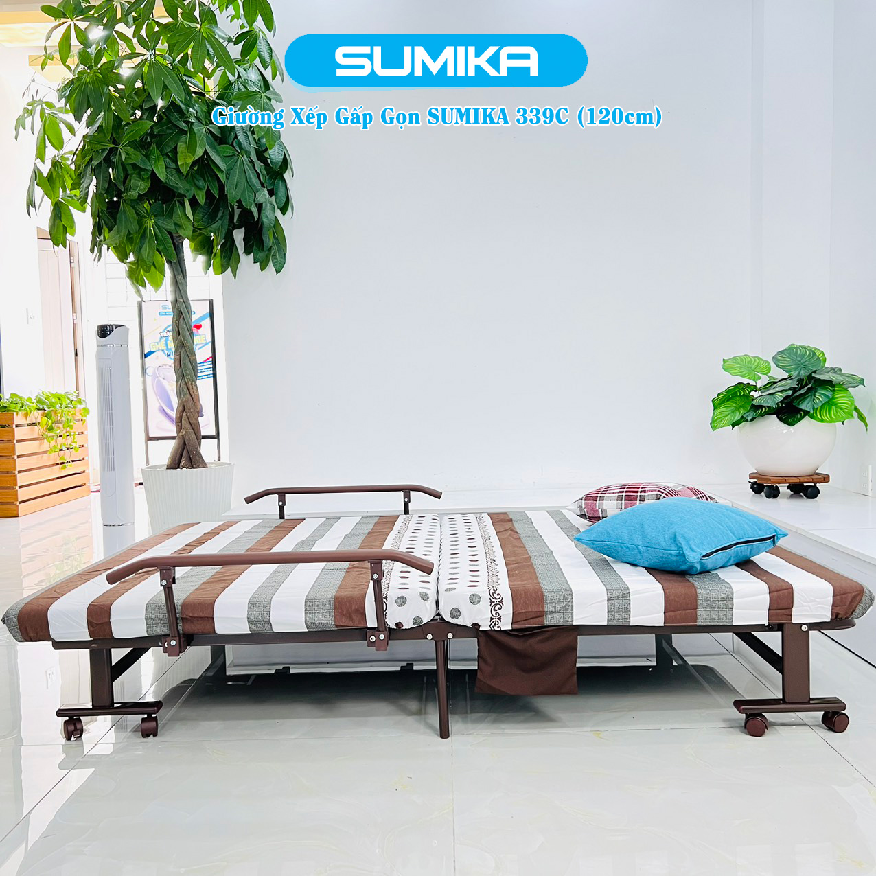 Giường xếp gọn cao cấp SUMIKA 339C, chiều rộng 120cm, khung thép, có bánh xe di chuyển