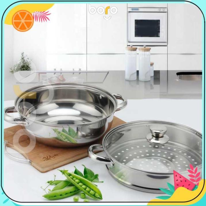 Nồi Hấp 2 Tầng kiêm nồi Lẩu Hấp Bánh, Hải Sản, Nấu Xôi Chất Liệu Inox Dùng Cho Mọi Loại Bếp