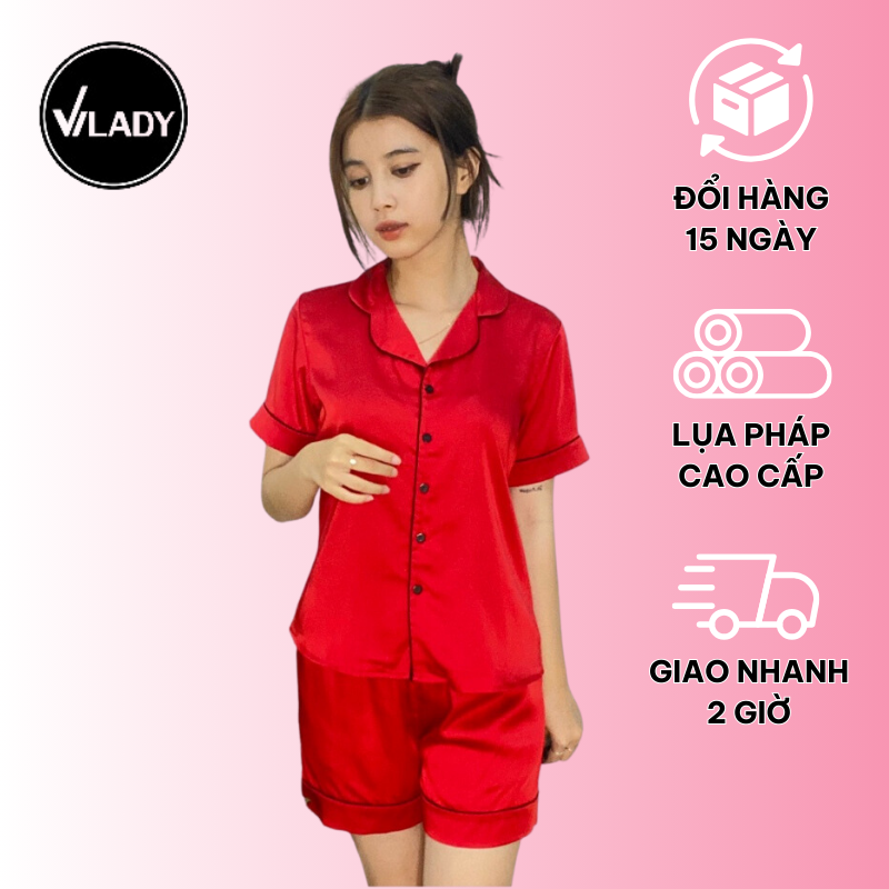 Bộ đồ Pijama lụa, đồ mặc nhà nữ VILADY - B125 kiểu quần đùi tay cộc họa tiết trơn, chất liệu lụa Pháp cao cấp - Màu đỏ đô