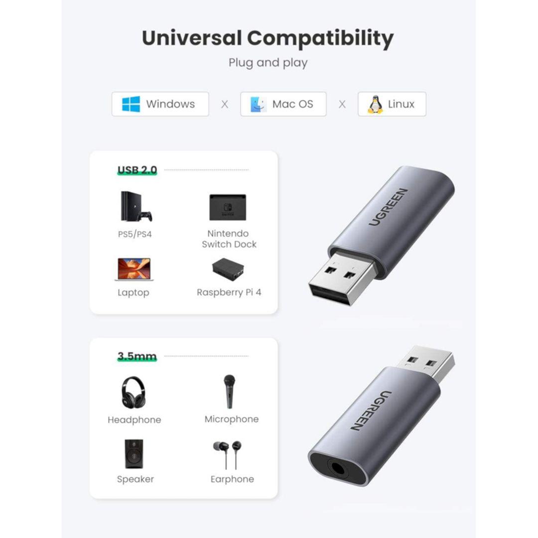 Ugreen UG80864CM383TK Chipset ALC4030 TRRS Màu Xám Cáp chuyển đổi USB 2.0 sang 3.5mm hổ trợ Mic - HÀNG CHÍNH HÃNG