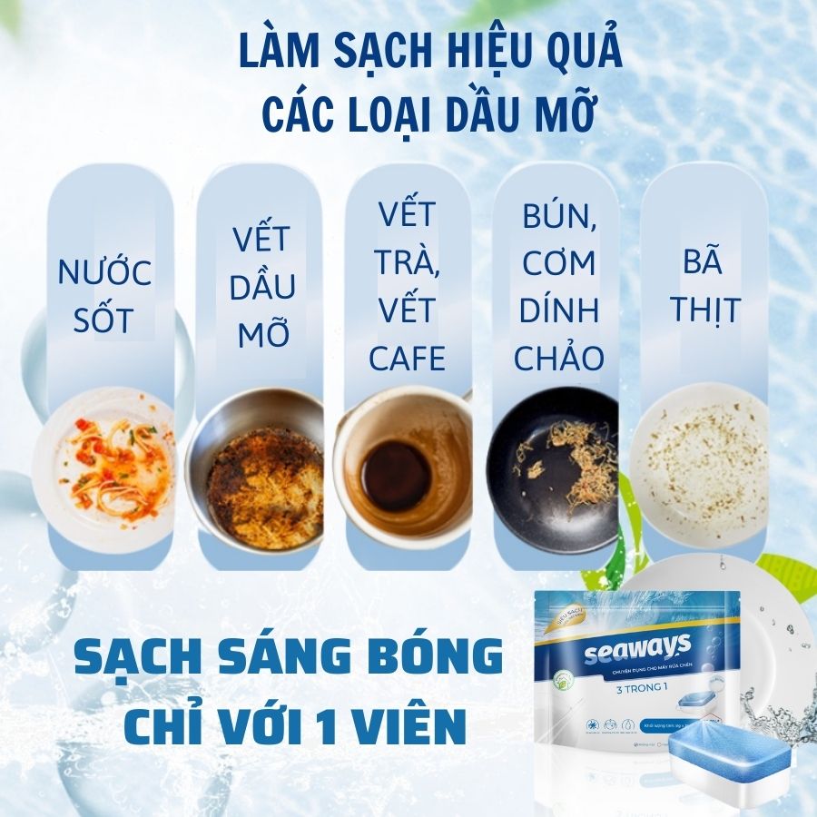 [COMBO DÙNG 1 THÁNG] 1 túi viên rửa chén Seaways (35 viên x 8gr) + 1 túi muối 500gr- Dành cho mọi loại máy rửa chén bát