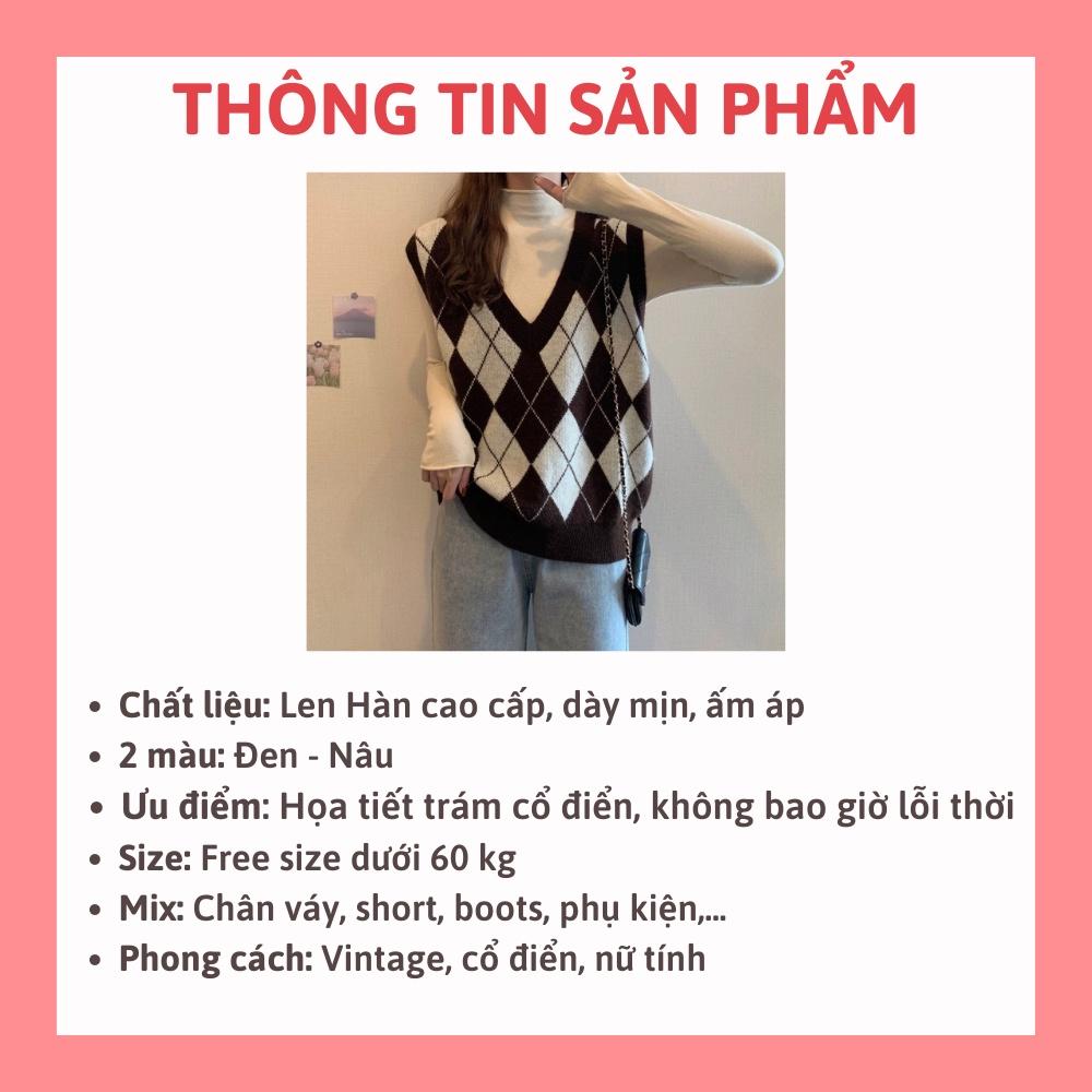 Áo len nữ gile họa tiết ô trám chất đẹp vintage thu đông Hàn Quốc Sollle