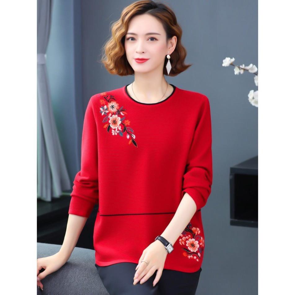Áo thun nữ dài tay trung niên, Thiết kế mới chất xneo thêu hoa cực đẹp