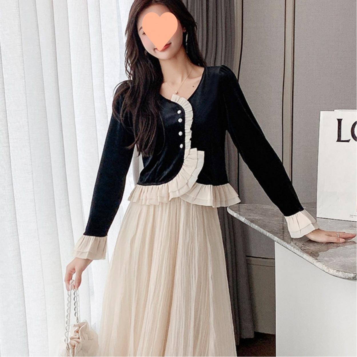 2023 cô gái sexy váy [nhung vàng] thời trang mùa thu và mùa đông ...