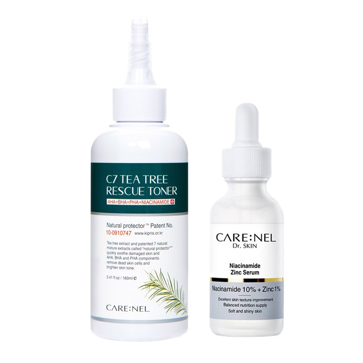 Combo Toner Care:nel C7 Tee Trea Rescue AHA+BHA+PHA+Niacinamide và Serum Care:nel Niacinamide 10% + Zinc 1%