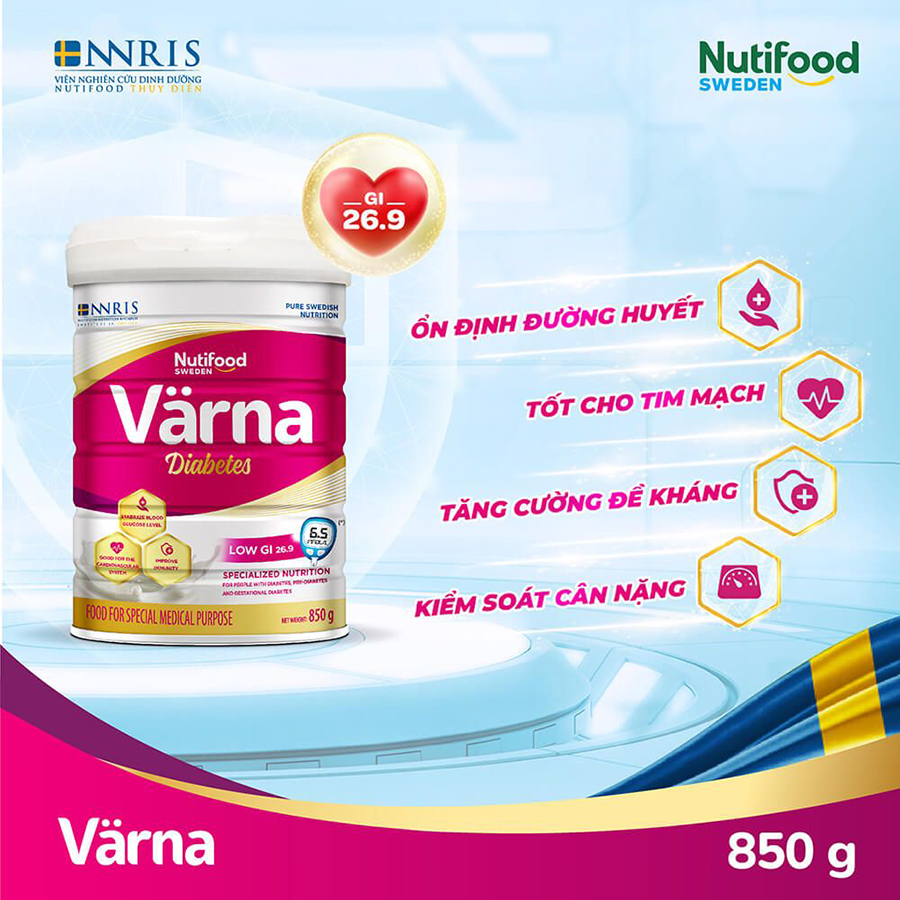 Sữa bột Värna Diabetes Ổn định đường huyết (GI = 26,9) (Lon 850g)